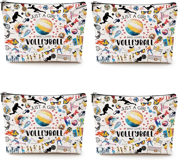 4pcs Volleyball Cosmetic Bag for Women, Volleyball Makeup Bag Pouch Accessories for Players Teams Stuff, Sport Party, Birthday Graduation Gifts for Her Women Friends