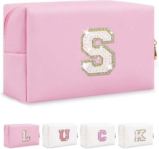 Personalized Initial Letter Makeup Bag, Small Glitter Letter Patch Cosmetic Pouch Zipper, Preppy Makeup Organizer PU Waterproof Travel Toiletry Bag, Monogrammed Birthday Gift for Women Girls