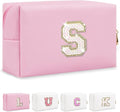 Personalized Initial Letter Makeup Bag, Small Glitter Letter Patch Cosmetic Pouch Zipper, Preppy Makeup Organizer PU Waterproof Travel Toiletry Bag, Monogrammed Birthday Gift for Women Girls