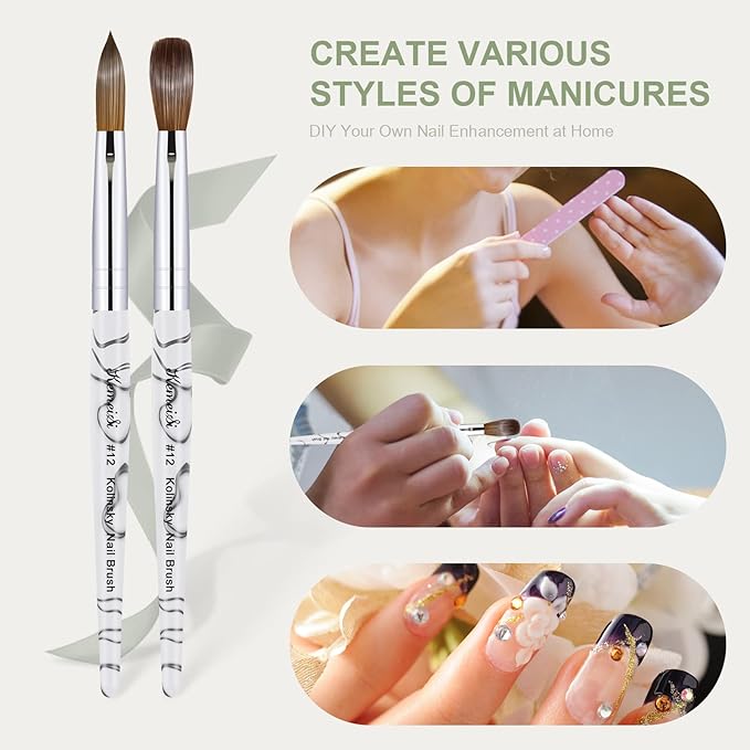 Acrylic Nail Brush Size 12,KEMEISI 100% Pure Kolinsky Nail Art Brushes Sturdy Marble Handle Oval Shaped Acrylic Powder Nail Design Tools for Professional Manicure DIY Home Salon (White)