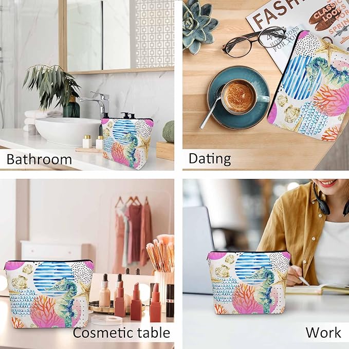 Makeup Bag Seahorse Makeup Bags For Purse Pouch, Sea Animal Coral Reef Seashell Seahorses Travel Toiletry Bag Cosmetic Bag Makeup Bags Flax Makeup Organizer Bag Pencil Pouch For Man Woman