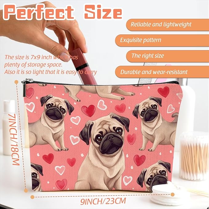 Makeup Bag Travel Cosmetic Bags Small Makeup Case Waterproof Zipper Pouch for Women Girls 7X9inches - Adorable Pug Pattern with Heart Elements