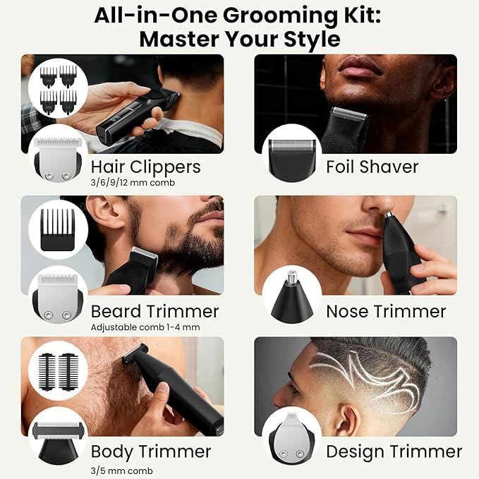 Yineel HC600 Beard Trimmer for Men, All-in-One Cordless Grooming Kit, IPX7 Waterproof Electric Razor & Hair Clipper for Face Mustache Body Nose Hair Trimming, Precision Blades, Gifts for Men Barber