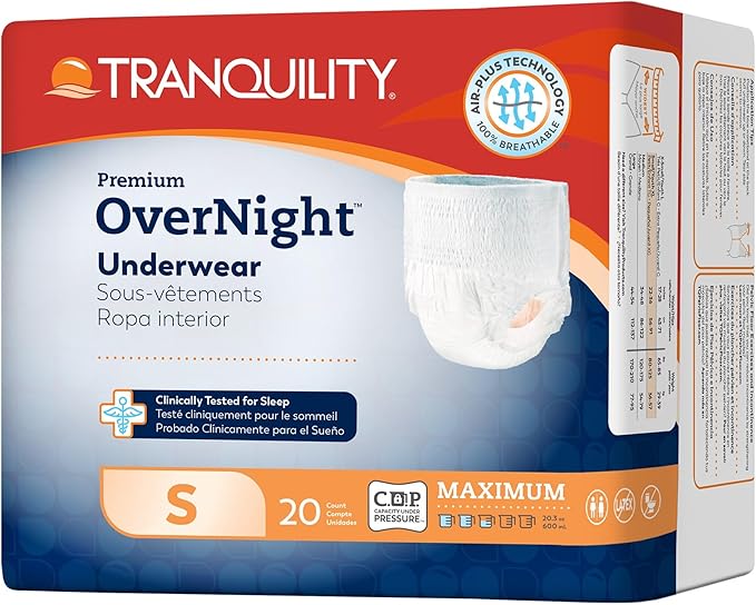 Tranquility Premium OverNight Disposable Absorbent Underwear (20 Count) - S, 22-36 in. Waist - Maximum Absorbency, All-Night Sleep, Breathable Comfort, 20 Adult Diapers