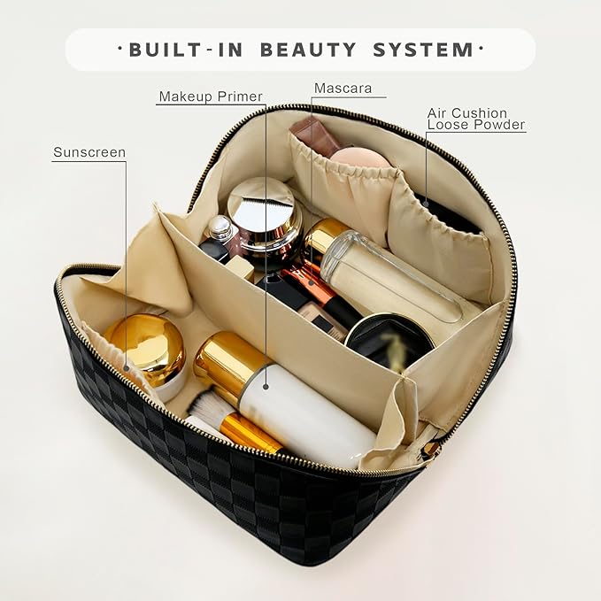 Travel Makeup Bag – Large Cosmetic Organizer with Waterproof PU Leather, Smooth Double Zipper & Tear-Resistant Lining, Toiletry Pouch for Women (Black)