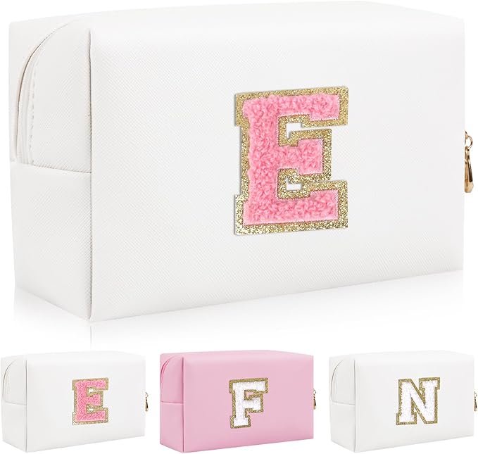 Iqimott Personalized Initial Letter Patch Makeup Bag, Preppy Portable Chenille Letter Cosmetic Bag with Zipper, PU Leather Waterproof Travel Toiletry Bag Monogram Make Up Pouch Girls(Letter E)