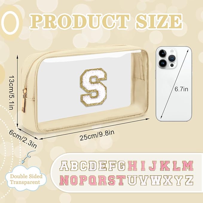 Small Clear Personalized Initial Makeup Bag,Nylon Preppy A-Z Chenille Letter Patch Cosmetic Pouch Beach Toiletry Bag,Waterproof Zipper Travel Purse Storage Bag Organizer for Women Girls(Beige-White S)