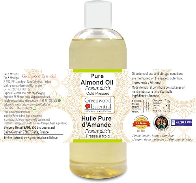 Greenwood Essential Pure Almond Oil (Prunus dulcis) Cold Pressed 200ml (6.76 oz)