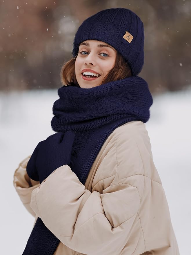 Winter Beanie Hat Scarf Gloves, Warm Fleece Knit Hat Long Scarf Neck Warmer Touch Screen Winter Gloves Set Gifts for Women