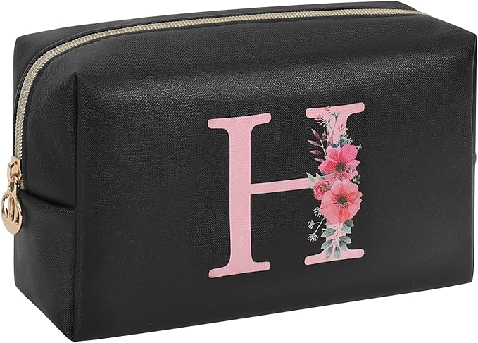Personalized Initial Makeup Bag, Birthday Gifts for Women and Girls, Small Makeup Pouch Travel Toiletry Bag, Make Up Organizer Bag Gift Trendy Stuff for Friend Mom Teacher, Black