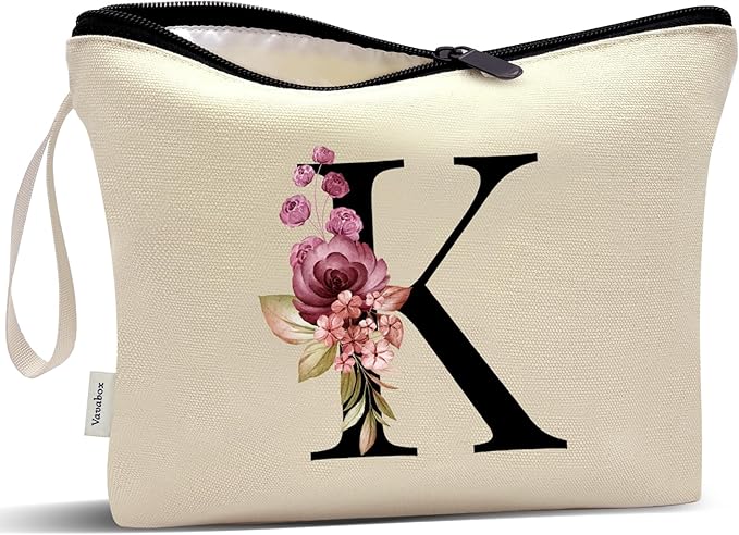 Vavabox A-Z Personalized Makeup Bag, Birthday Gifts for Women Mom, Gifts for Best Friend, Bride Bridesmaid Cosmetic bag (K, Yellow)