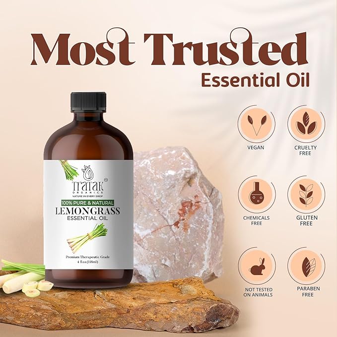 Lemongrass Essential Oil - 4 Fl Oz – 100% Natural Lemongrass Oil - for Diffuser, Face, Skin Care, Aromatherapy, Hair Care, Scalp and Body Massage - with Glass Dropper