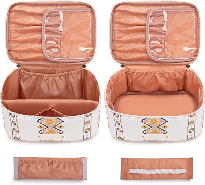 Montana West X Wrangler Travel Makeup Bag 2pcs Set Large Cosmetic Bag with Makeup Brush Holder Portable Make Up Organizer Cute Toiletry Bag with Divider and Handle for Women Aztec