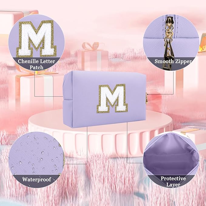 Small Personalized Letter Makeup Bag, Cute PU Leather Chenille Letters Cosmetic Bag Travel Makeup Pouch, Preppy Travel Organizer Zipper Pouch for Women&Girls（Purple-M）