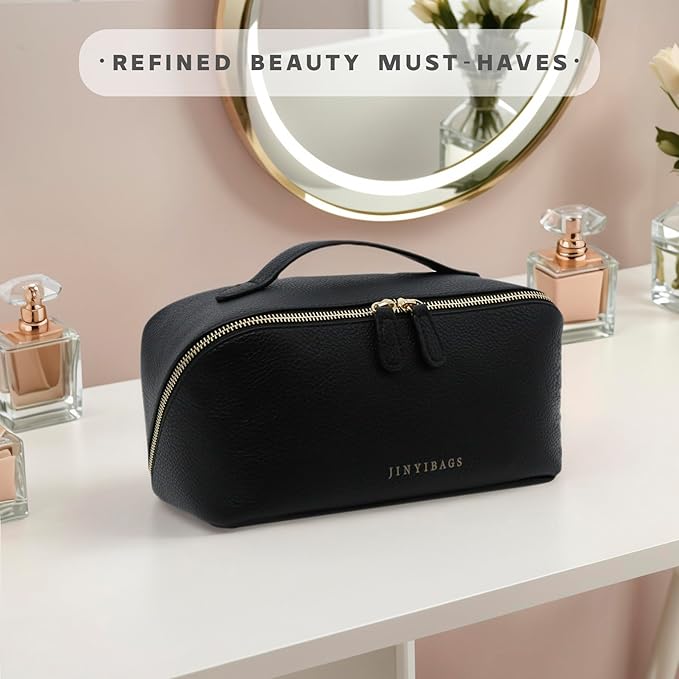 Travel Makeup Bag – Large Cosmetic Organizer with Waterproof PU Leather, Smooth Double Zipper & Tear-Resistant Lining, Toiletry Pouch for Women (Black)