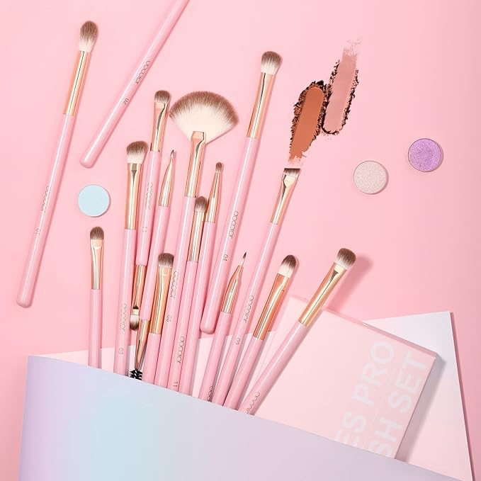 Docolor Eye Makeup Brushes 15Pcs Eyeshadow Brush Set with Soft Synthetic Hairs Professional Eye Shadow Blending Concealer Eyebrow Eyelash Eye Liners Premium Eye Make Up Brushes Set (Pink)