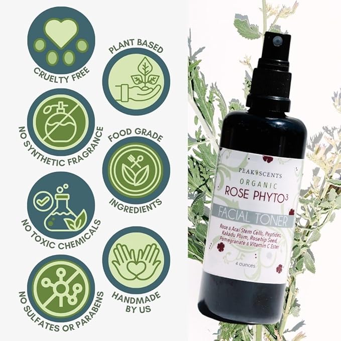 Peak Scents Organic Phyto³ Rose Water Facial Toner Spray - Pure Rosewater for Face, with Acaí and Herbal Extracts - Eco-Friendly and Vegan - Hydrating Rose Water Organic Face Spray (4 oz)