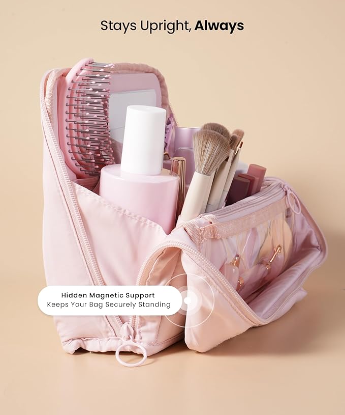 APT 1101 Standing Makeup Bag, Travel Makeup Organizer with Magnetic Fold-Down Design, Portable makeup Case with Compartments for Brushes & Tools (Light Pink)