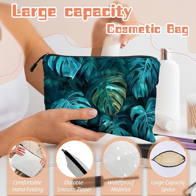 Cosmetic Bags Travel Makeup Toilet Case Waterproof Pouch for Women Girls 6.7X9.45inches - Tropical Monstera Leaves in A Deep Teal Hue