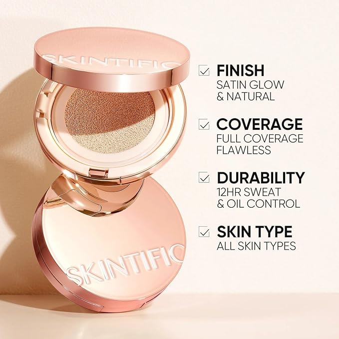 Full Coverage Cushion Foundation, Weightless, Skin Fit, Satin Glow Finish, Oil-Control Waterproof Foundation, Sweatproof Flawless, Korean Makeup,Tattoo Cover Up, Buildable(#45N Saddle Brown)