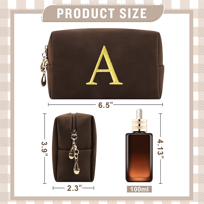 Personalized Initial Makeup Bag,Preppy Suede Cosmetic Bag for Teen Girls,Small Monogram Travel Toiletry Bag With Gold Embroidered Letter,Trendy Stuff Custom Christmas Gift for Women(Coffee-A)