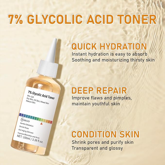 7% Glycolic Acid Exfoliating Toner, Exfoliating Facial Toner, Pore Minimizing Toner, Smooth Skin, Even Tone, Hydrating Formula