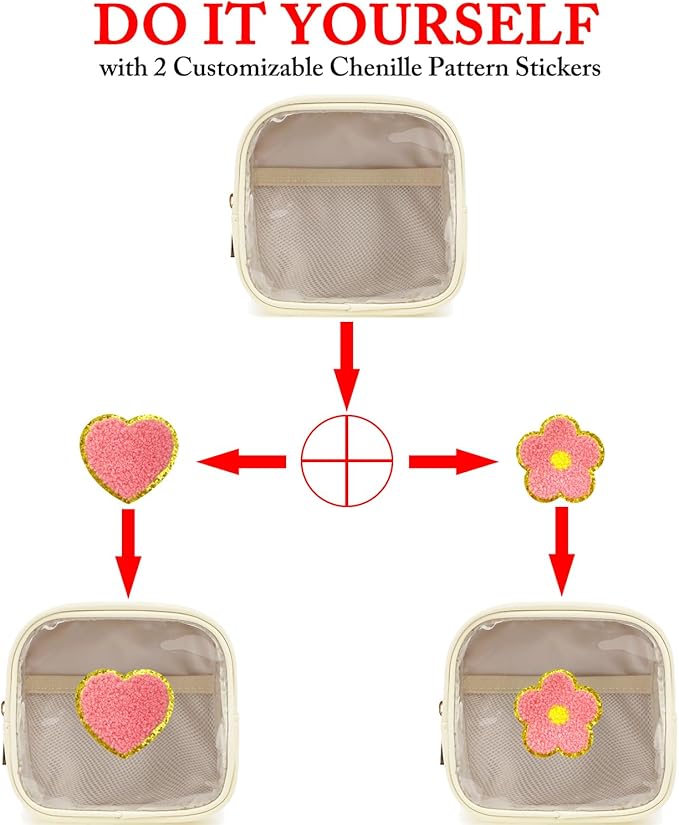 Clear Makeup Bag with 2 Cute Chenille patterns - Waterproof PU Leather Cosmetic Case, Mini Personalized Toiletry Pouch for Women & Teens, ideal for Travel & Gift