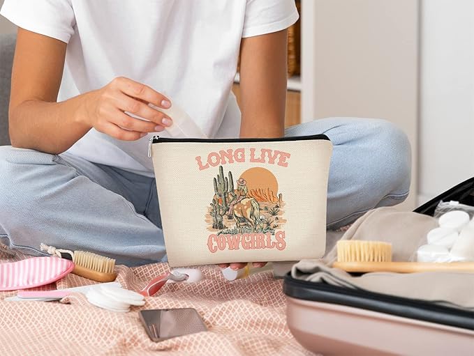 Long Live Cowgirls Makeup Bag,Retro Western Cowgirl Riding Horse Cactus Desert Cosmetic Bag Best Birthday Christmas Gift Idea for Cowgirls Teen Girls Women,Cowgirl Gifts for Girls