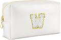 Gifts for Girls Initial Makeup Bag Personalized Cosmetic Bag with Zipper Cute Travel Toiletry Bags Waterproof PU Preppy Makeup Pouch Birthday Gift for Teen Girls Women(White W)
