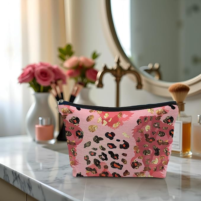 Gold and Pink Leopard Print Makeup Bag, Preppy Girly Cosmetic Bags Gifts for Women, Funky Y2k Cheetah Print Portable Travel Toiletry Bag Zipper Makeup Pouch