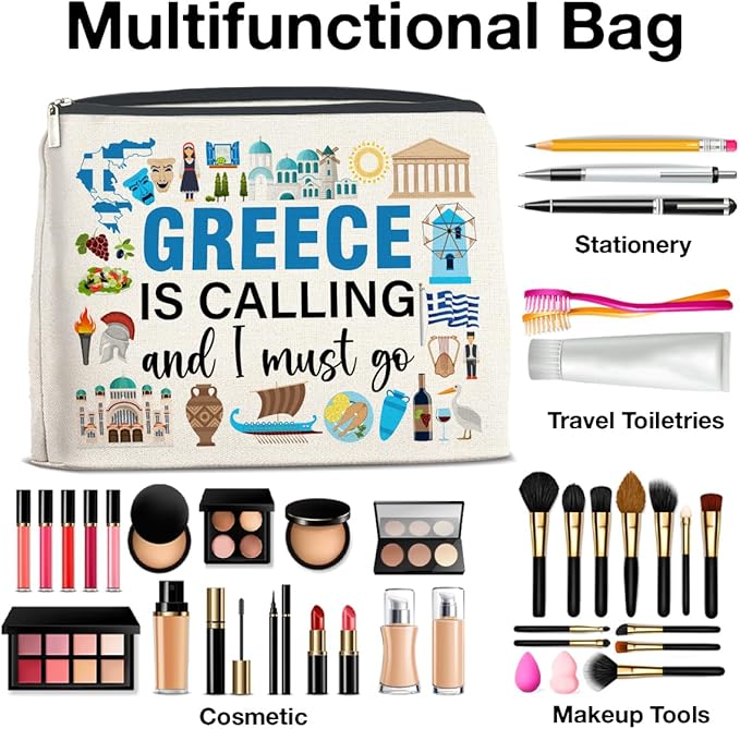 Greece Travel Gifts Makeup Bag Souvenir Gifts for Women Friends Traveler Cosmetic Bag Greece Is Calling Zipper Makeup Pouch Gift