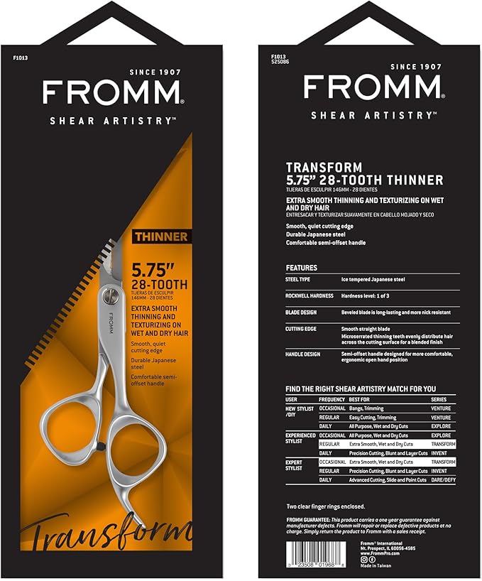 Fromm Transform 5.75" 28 Tooth Thinning Shears for Haircutting Wet and Dry Hair, Polished Silver Japanese Steel Scissors with Beveled Blades and Microserrated Thinning Teeth