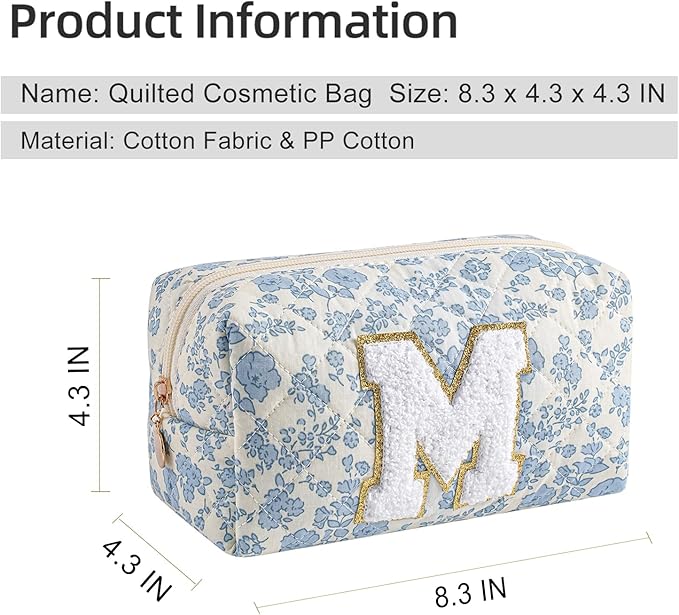 Gleyemor Personalized Initial Makeup Bag for Women, Cute Quilted Blue Floral Cotton Cosmetic Bag, Christmas Gifts for Her Mom Friend Sister Bridesmaid Teacher Women M