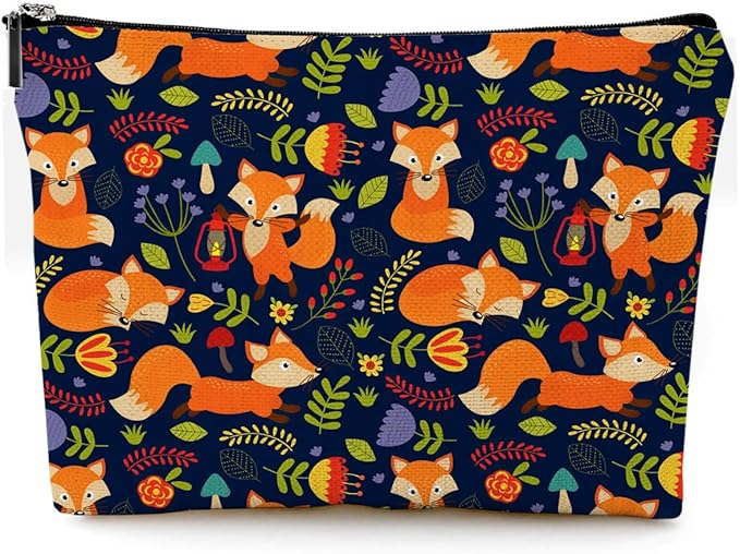 Small Makeup Bag for Purse Cute Canvas Waterproof Cosmetic Bags for Women Zipper Travel Toiletry Pouch-Fox Makeup Bags