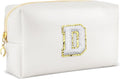Gifts for Girls Initial Makeup Bag Personalized Cosmetic Bag with Zipper Cute Travel Toiletry Bags Waterproof PU Preppy Makeup Pouch Birthday Gift for Teen Girls Women(White D)