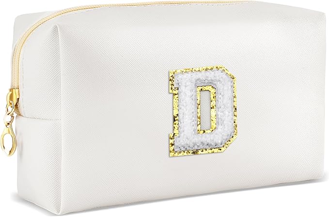 Gifts for Girls Initial Makeup Bag Personalized Cosmetic Bag with Zipper Cute Travel Toiletry Bags Waterproof PU Preppy Makeup Pouch Birthday Gift for Teen Girls Women(White D)