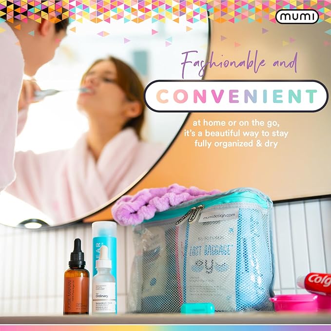 MUMI Travel Toiletry Bag Set of 3 – Clear TSA Approved Toiletry Bags for Women – Reusable Water-Resistant Makeup Organizer Pouches for Skincare, Cosmetics, Travel Accessories, Airport Packing - Blue