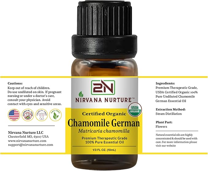 Chamomile German Essential Oil USDA Certified Organic, 100% Pure Natural Premium Grade, Undiluted- Aromatherapy Diffuser for Calm and Relaxation, Skin Care, Hair Care