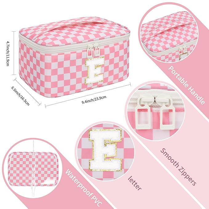 OCHEAL Makeup Bag for Women, Monogram Cosmetic Bag with Brush Holder, Pink Travel Makeup Case Beauty Toiletry Bag Organizer Personalized Gifts for Girls Bridesmaid, Sister, Wife, Friends Initial E