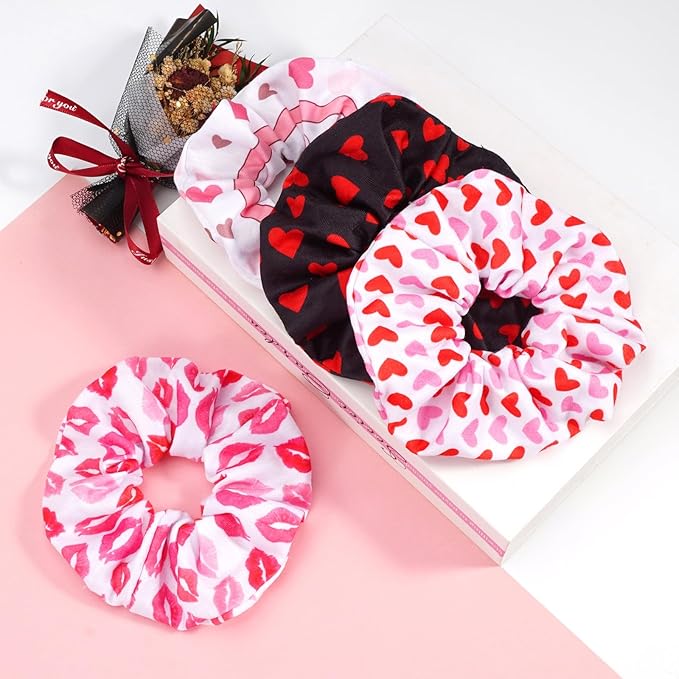 Valentines Hair Scrunchies Love Heart Hair Ties Cute Valentine's Day Hair Tie Hair Ropes Valentines Hair Accessories for Women Girls Elastics Ponytail Holder Hair Bands Gifts