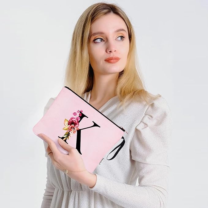 Vavabox A-Z Personalized Makeup Bag, Birthday Gifts for Women Mom, Gifts for Best Friend, Bride Bridesmaid Cosmetic bag (K, Pink)