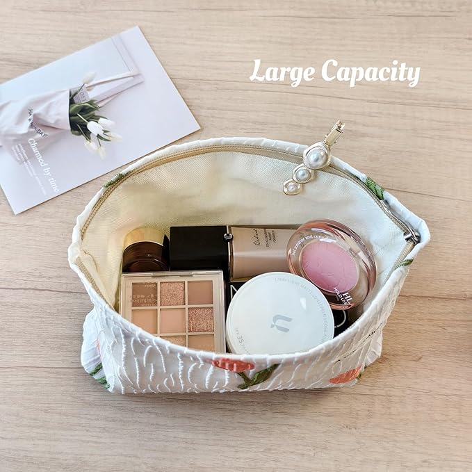STARDW Aesthetic Floral Makeup Bag Cute Small Cosmetic Bags for Women Girls, Travel Toiletry Bag Large Capacity Zipper Makeup Pouch, Purse Organizer Pouches (Tulip White)