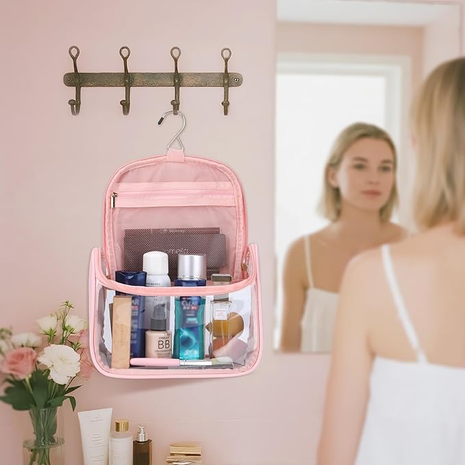 YFG Travel Toiletry Bag, Transparent Cosmetic Organizer with Hook, Portable, Organizer, for Travel-Sized Shampoo, makeup Accessories, Brushes Set, Conditioner, Medium Size