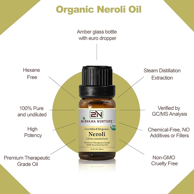 Neroli Essential Oil USDA Certified Organic, 100% Pure Natural Premium Grade, Undiluted- Aromatherapy Diffuser for Calm and Relaxation, Skin Care, Hair Care