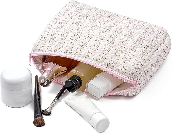 Makeup Bag Travel Cosmetic Bag for Women Girls, Zipper Make Up Pouch, Floral Flowers Toiletry Organizer Makeup, Portable Storage Cosmetic Travel Cloth Bag (2 Pack (L+S)/Pink Floral)