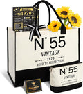 55th Birthday Gifts for Women Canvas Tote Bag Travel Gear,Unique 55 Years Old Gifts for Wife Mom Sister Aunt Friends Her, Vintage N°55 Handbag & Cosmetic Bag & Back in 1970 Poster