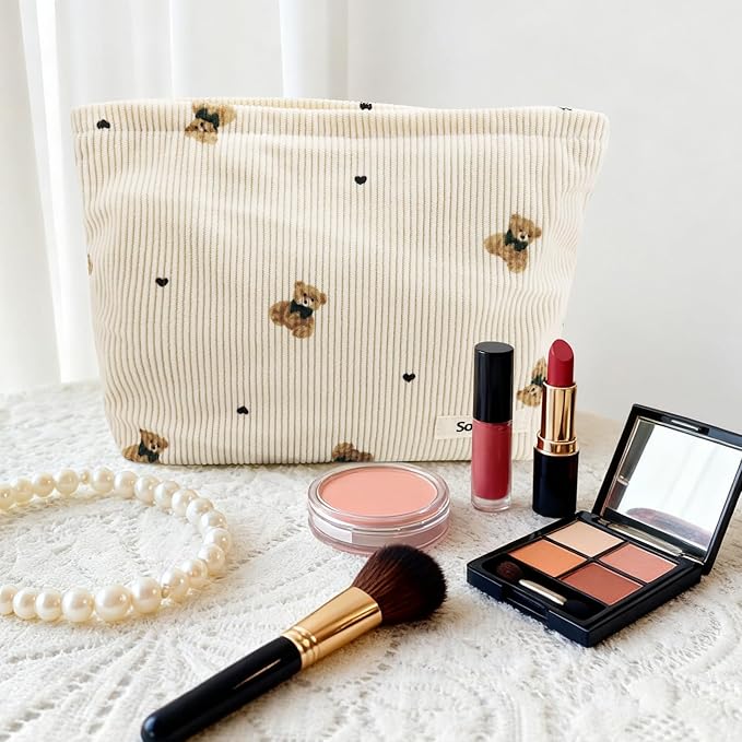 Corduroy Makeup Bag Cute Small Soft Zipper Cosmetic Bag for Purse Coquette Aesthetic Cosmetic Pouch with Bear Toiletry Storage Pouches Travel Makeup Bags Organizer Gifts for Women (Beige)
