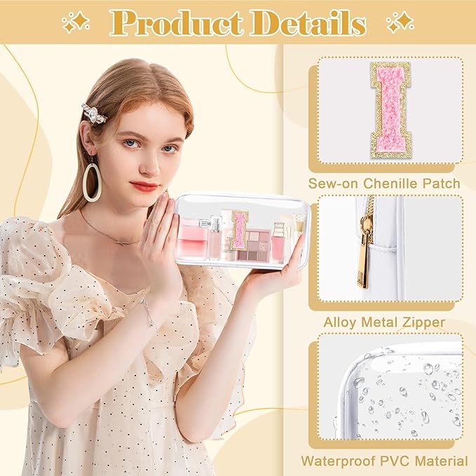 Personalized Initial Letter Clear Makeup Bag,Preppy Small Nylon&PVC Cosmetic Zipper Bag with Chenille Letter,Travel Skincare Toiletry Bag,Monogram Christmas Gift for Teen Girls Women,I