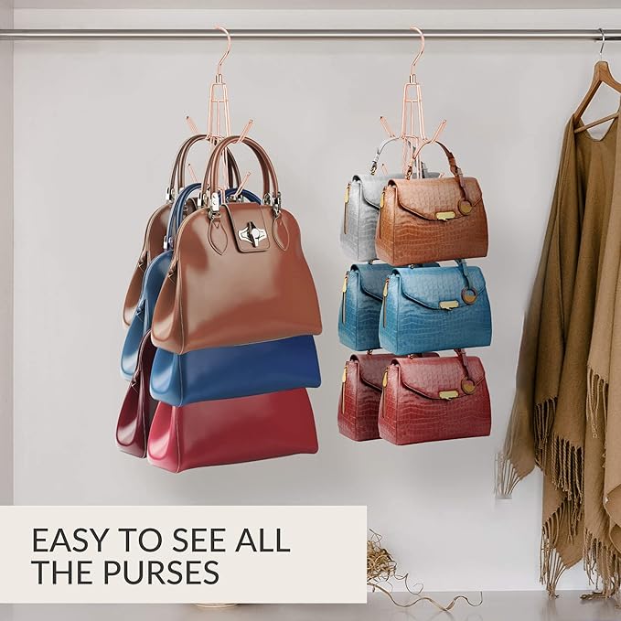 ZEDODIER Purse Hanger Organizer for Closet, Hanging Bag Holder, Keeping Purses Visible and in Good Condition, Metal Handbag Storage Hook Backpack Rack Space Saving Hanger, Rose Gold