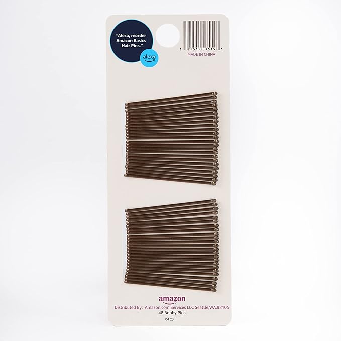 Amazon Basics No Slip Bobby Pins, 48 count, Brunette Brown, High Gloss Bobby Pins for Pain Free, Comfortable, All-Day Styling and Up Dos. For All Hair Types